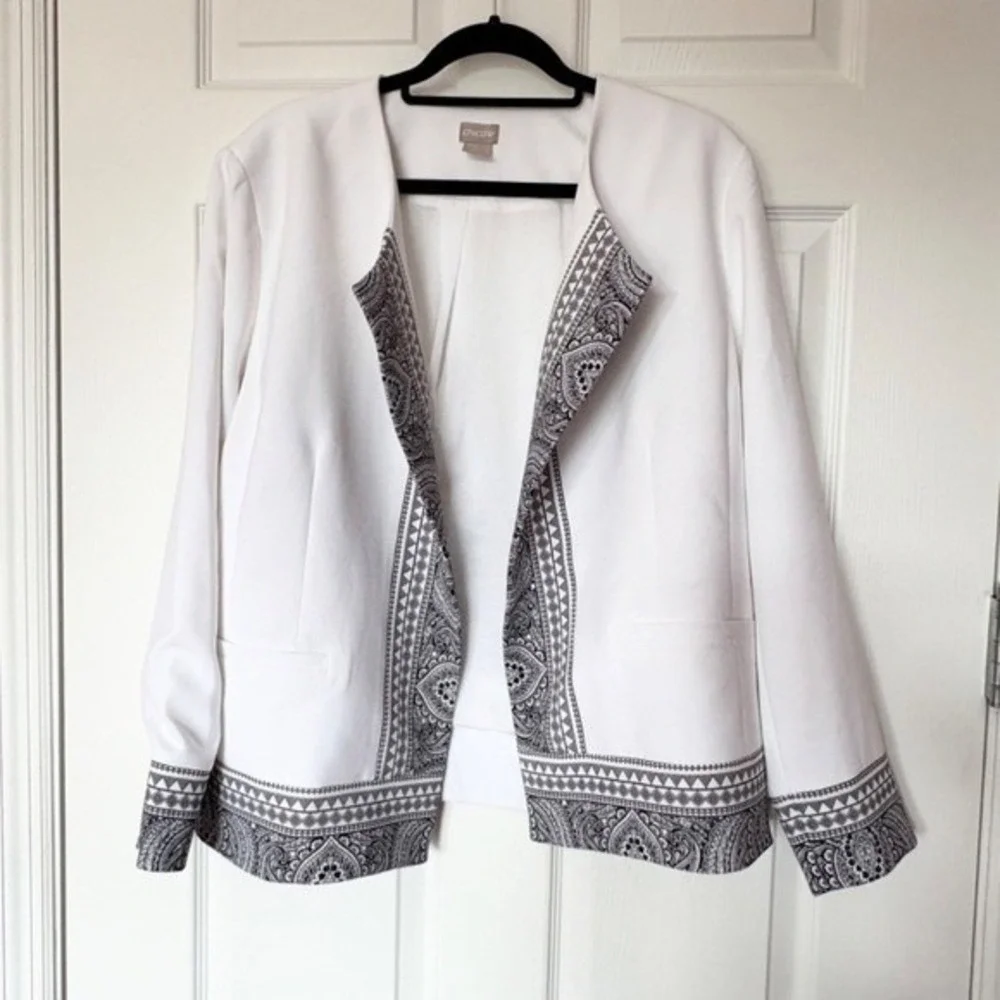 Chico's Blazer‎ Paisley Border Print Open Front, Women 3 (16/18) White Black